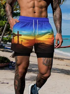 Men's American Style Printed Beach Pants, Casual Fitted Sports & Leisure Swim Trunks, Swimming Trunks, Swim Shorts, All over Print, Summer Vacation Essential
