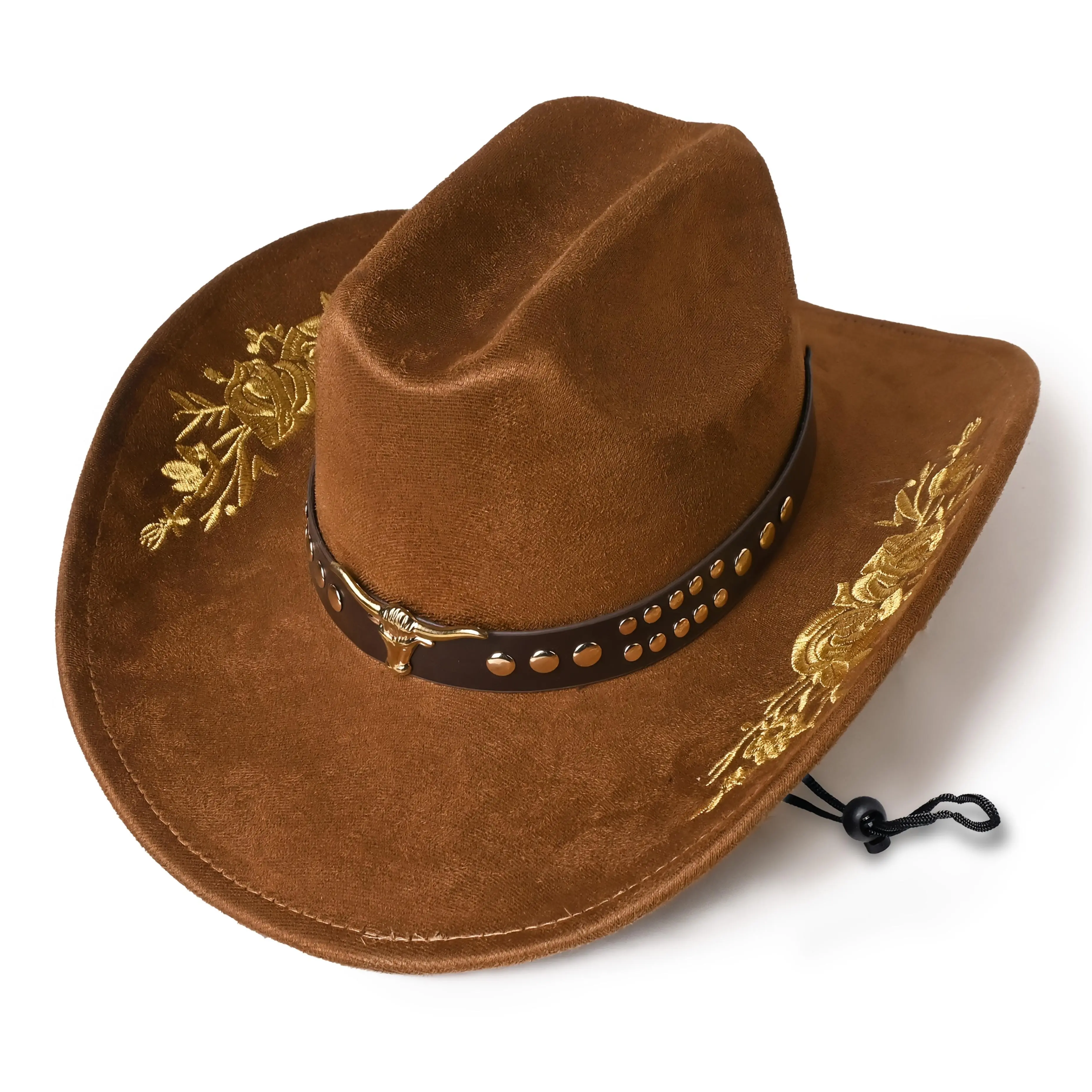 Lightweight Cowboy Hat with Plated Bull Head Metal Belt & Embroidered Flower Brim - Faux Suede for - Solid Color Rolled Brim Farmer's Crease Cowboy, Windproof Rope (Non-Stretch) - Style Suitable for Ranch, Western Events, Textured Western Hats, Wide-Brim