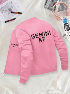 "Gemini AF" Zodiac Letter Printed Casual Jacket - Zip-Up, Stand Collar, Polyester Knit Fabric, Fitted Design, Pocket Detail, Suitable for Autumn & Winter.