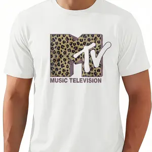 Washed T-shirt Womens MTV Classic Leopard Print Bold Logo Shirt, Music Television MTV Logo Tee, Retro 80s 90s Style MTV Tee, Disneyland Family Matching Tee Tshirt Round Neck