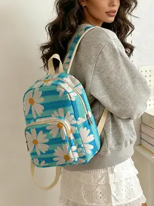 1 piece of blue background daisy pattern 2D printed lady's backpack, Cute backpack, velvet texture + layered storage + light weight reduction, perfect for students going to class/shopping, atmosphere and practicality combined