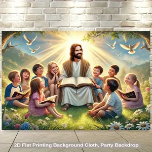 A 2D Backdrop Featuring Reading The Bible with, Made Of, Perfect for Vibrant Wall Hangings in Living Rooms, Bedrooms, Offices, Or Party Decorations, 2D Flat