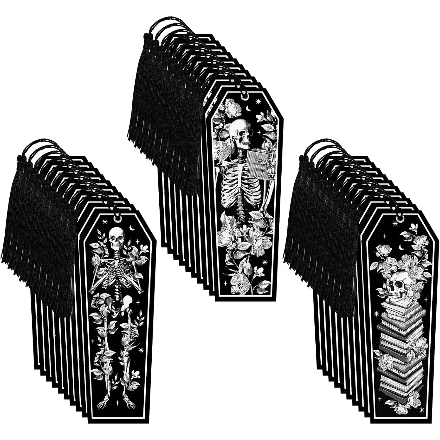 30-Piece Halloween Bookmarks - Double-Sided Printing Skeleton Coffin Design with Black Tassels, Office Stationery Page Markers, Halloween Decorations, Birthday Gifts for Classroom Book Lovers & DIY Crafts Supplies, 5.9X2.2 Inches