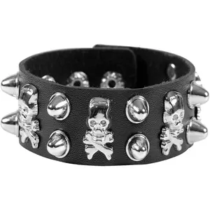Black PU Leather Cuff Skull Biker Bracelet Wristband for Women Men Chains Bangle Adjustable