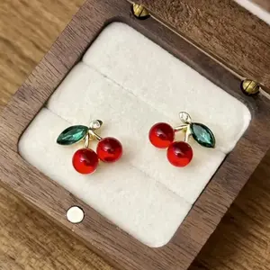 Cherry Earrings with Red Beads and Green Leaf Accents, Simple Design, Elegant Style