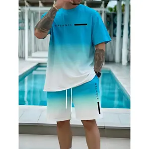 Men's Gradient Print Tee & Shorts Set, Regular Fit Casual Short Sleeve T-shirt & Track Shorts, Men's Summer Clothes