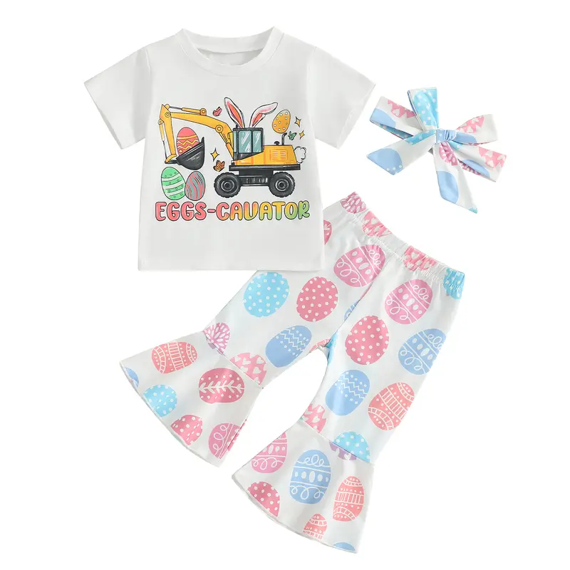 Girls Easter Outfit 6 9 12 18 24Months 2t 3t 4t Short Sleeve Tractor Print T-shirt with Eggs Print Flare Pants and Headband Summer Outfit