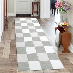 【GARVEE】Checkered Plaid Area Rug 2x6 - Soft, Machine Washable, Non-Slip Foldable Long Runner Rug with Low Pile Modern Geometric Design for Entryway, Living Room, Hallway - Gray
