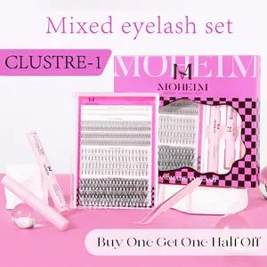 MOHEIM Mixed Styles Individual Lash Clusters False Eyelashes, 1 Set Including 400pcs/box Natural Curl Eyelashes & Glue & Remover & Tweezers
