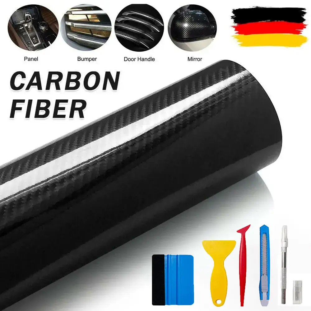 120" x 12" (10ft x 1 ft) 7D Super Glossy Black Carbon Fiber Vinyl Wrap - Anti-Wrinkle, Air Release Wrap Vinyl - DIY Decals Self Adhesive Car Vinyl Sti
