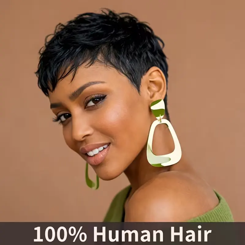 Short Boycut Style Layered Pixie Cut Wig Made from Real Human Hair, Featuring a Natural Black Color. This Lightweight And Breathable Wig Is Perfect for Daily Wear, Parties, Or Cosplay, Offering a Comfortable Fit with No Lace Design