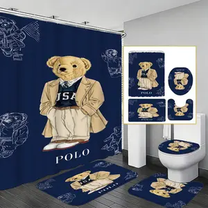 1pc Polo Gentleman Bear Bath Set, Classic College Style Waterproof Shower Curtain & Non-Slip Absorbent Mat, Vintage Bathroom Decor, Bathroom Supplies, Bathroom Decoration Accessories, Shower Curtain Sets