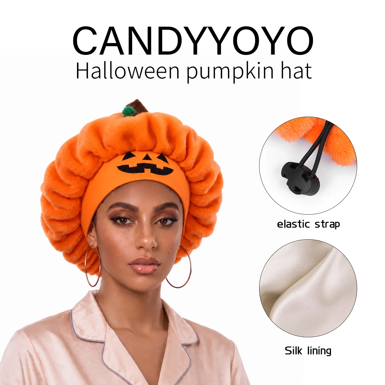 Original Design Pumpkin Sleep Cap Halloween Plush Hair Bonnet Elastic Jack O Lantern Sleep Cap Fluffy Head Wrap for Skincare Makeup Night Sleep Holiday Party Wear Band Sleep Cap Silk