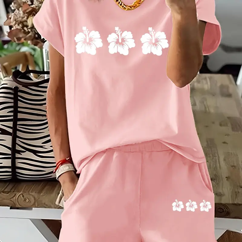 Two-Piece Set Women's Floral Print Matching Tee & Shorts, Casual Lightweight Short Sleeve T-shirt & Shorts for Summer, Ladies Clothes for Daily Wear Fit