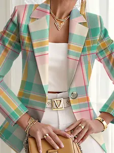Women's Fall Outdoor Striped Plaid Geometric Print Button Lapel Blazer Jacket, Casual Fitted Regular Length, Digital Print, Spring & Fall