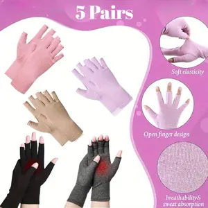 Soft Compression Gloves 5 Pairs Unisex Fingerless Compression Gloves - Soft Cotton Blend,All-Season - Large Size, Multiple Colors