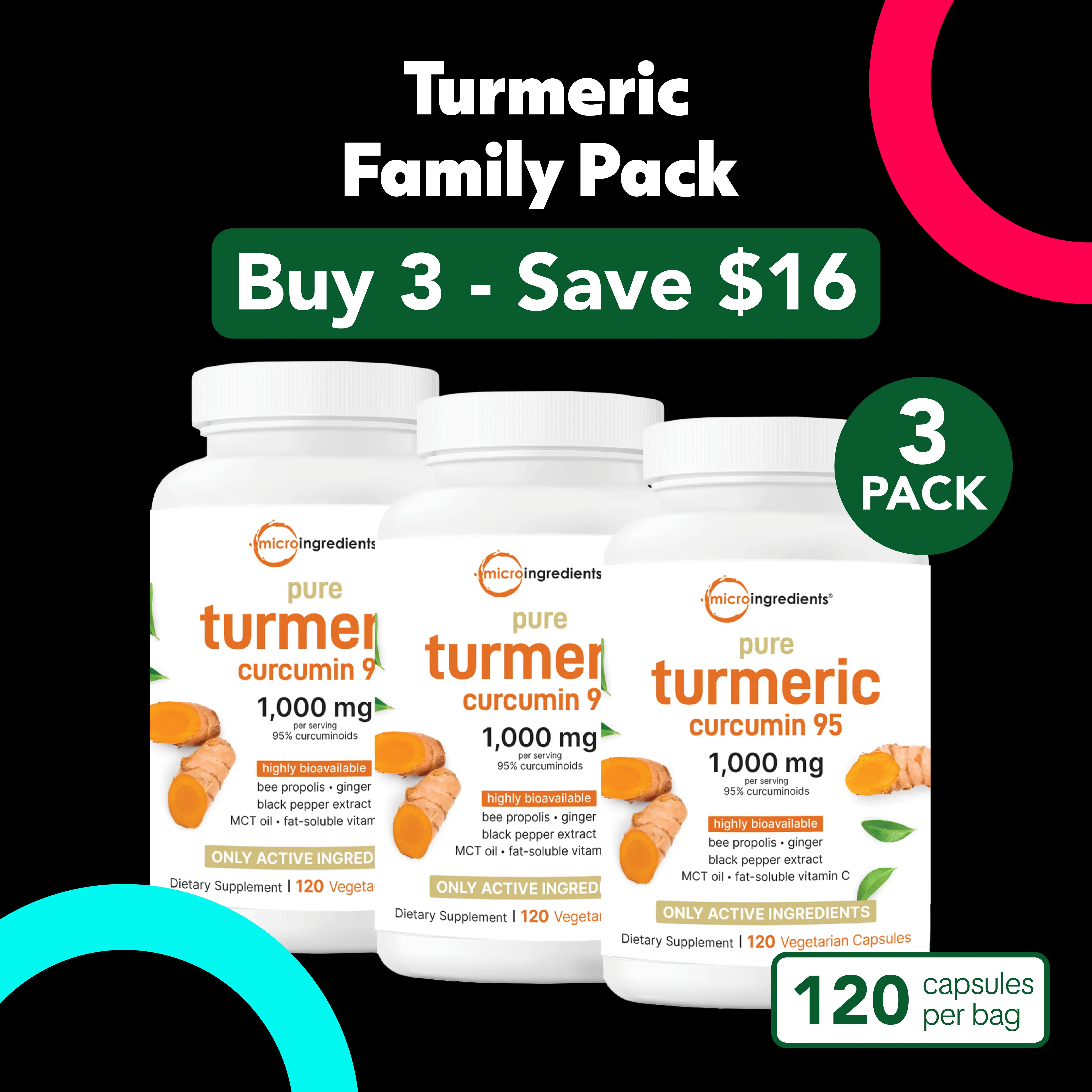 Micro Ingredients Turmeric Veggie Capsules Family 3 Pack