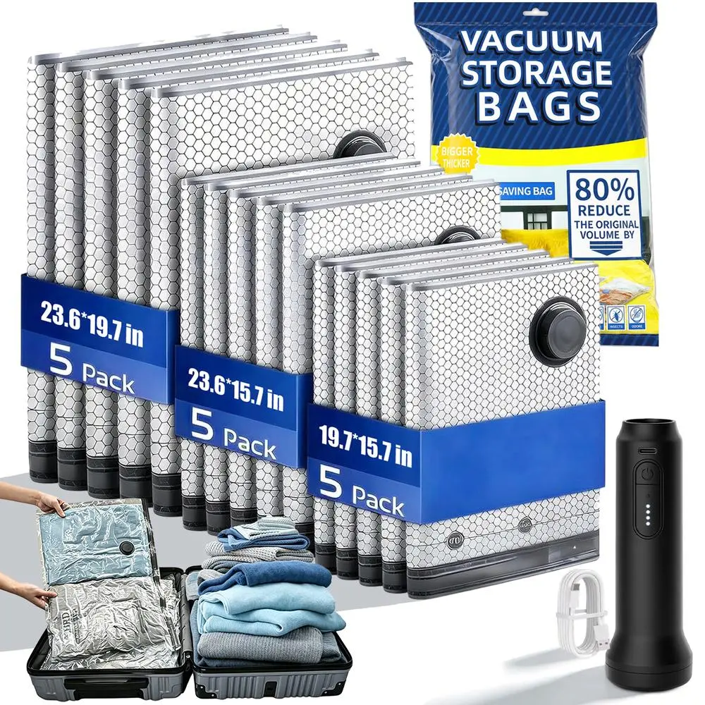 Compression bags for travel, multi-count compression storage set, portable handheld electric pump, moisture barrier sealed bags for all vacation scenarios