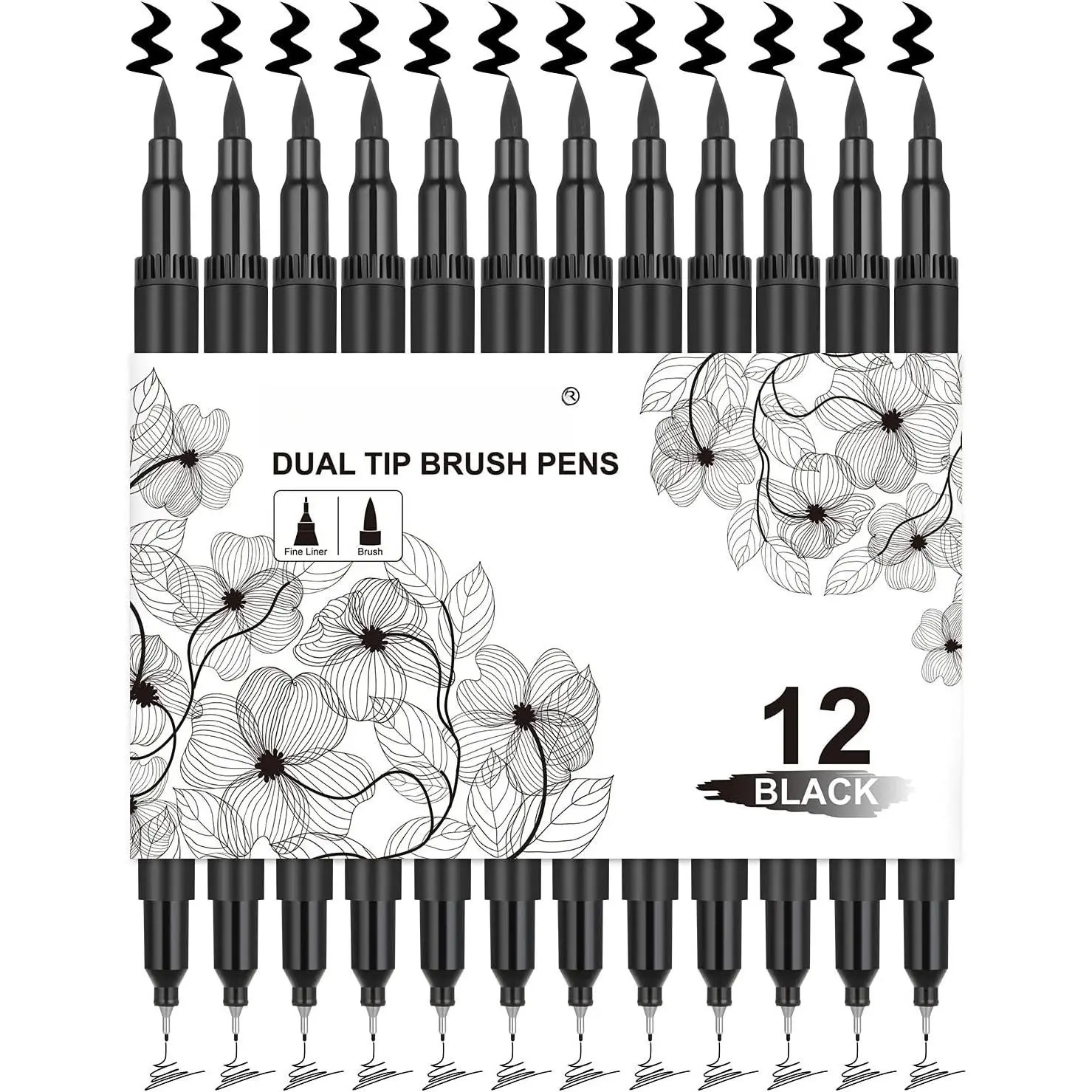 12-Pack Black Dual-Tip Premium Art Supplies Marker Set - Felt Tip Brush Pens for Artists, Brush Lettering, DIY Art Design, Office Stationery Draw Tool with Transparent Bag, School Supplies