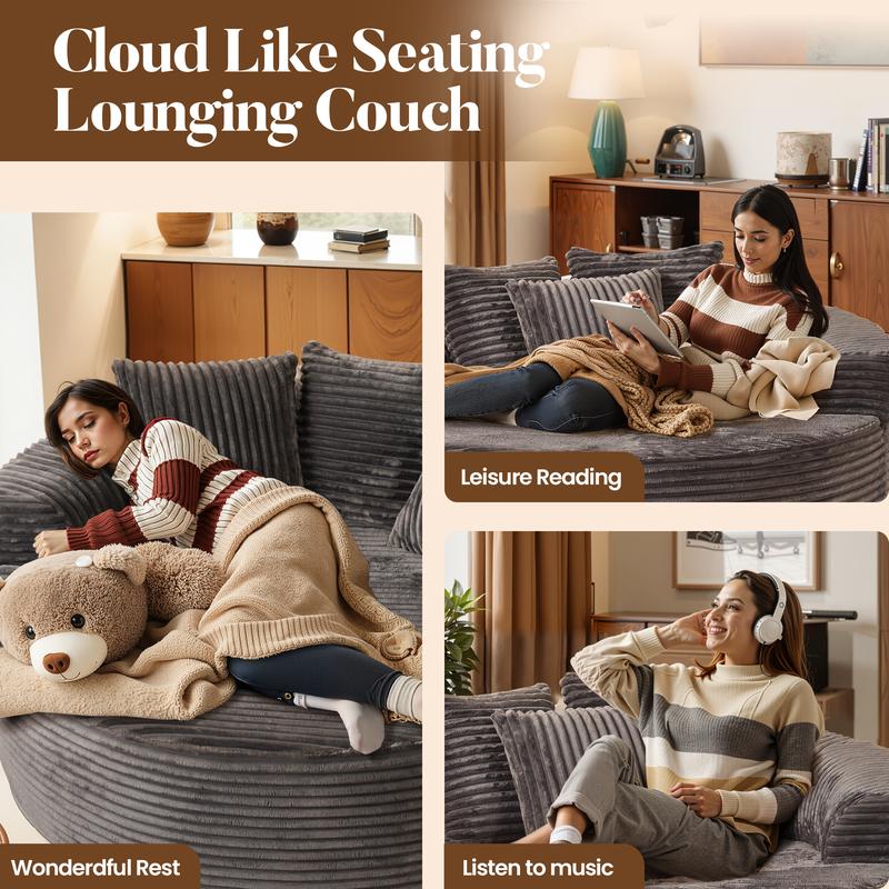 HOOOWOOO 59"W Oversized Round Sofa Bed - Boneless& Modern O-Shape, Lazy Bean Bag Chair, Deep Seat Couch with 3 Pillows, Plush Corduroy Fabric Chaise Lounge, No Assembly Required