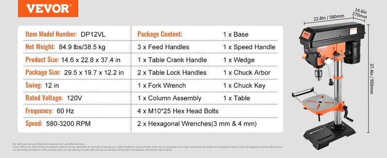 VEVOR 10'' 5-Speed Benchtop Drill Press Cast Iron Drill Press 3.2A 610-2800RPM