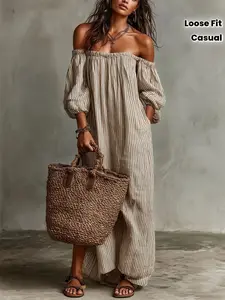 ZAFUL Women's Striped Off Shoulder Maxi Dress Puff Sleeve Loose Fit Casual Dress with Pockets Summer Boho Beach Vacation Long Dresses for Women