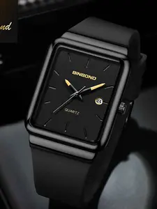 BINBOND B1331 Luxury Quartz Watch for Men Square Large Dial 30M Waterproof Silicone Strap Wrist Watches Date Display Men's Watch， Men's Casual Business Quartz Watch, Fashion Watch for Party, Daily Clothing Decor, Trendy All-match & with Box and Hand Line
