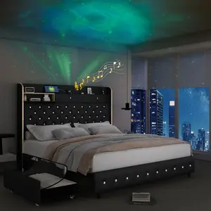 [Summervibes]Full LED Galaxy Bed Frame Set with Star Projector, Modern Platform Bed with 2 Storage Drawers & Crystal Tufted Headboard with Charging Station, Noise-Free, No Box Spring Needed, PU & Velvet, Black/White/Gray/Cream Bedroom Set