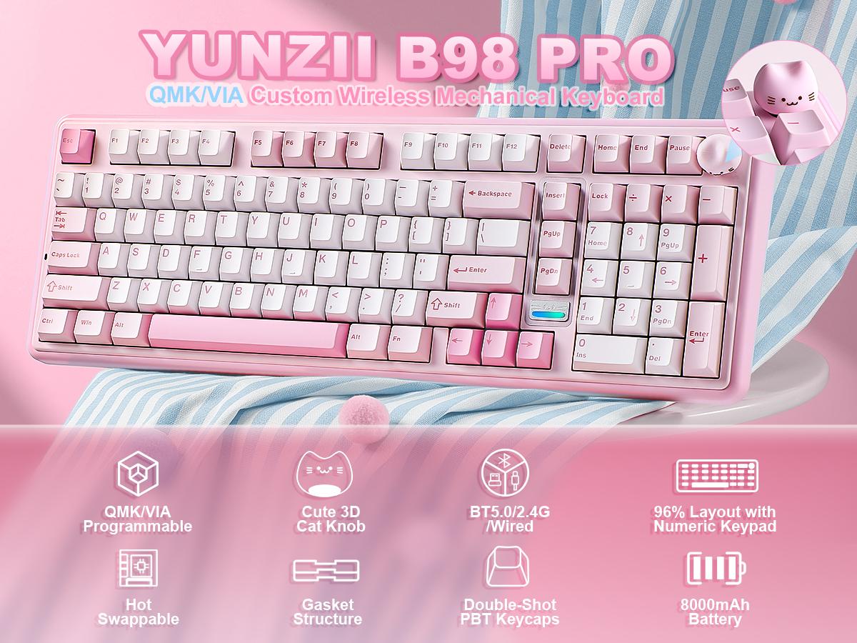 YUNZII B98 PRO Wireless Mechanical Keyboard, QMK/VIA Gaming 96% Layout with Numpad and Cute Cat Knob, BT/2.4G/USB-C, Pre-Lubed Switch Hot Swap Gasket, RGB for Win/Mac