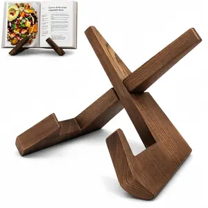 Rustic Brown Wooden Cookbook Stand - Recipe Book Holder for Kitchen Counter, Cooking Book Display Stand for Kitchen