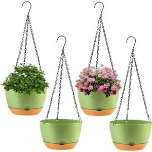 4 Pack Plastic Hanging planters for Indoor ,8 Inch  Pot Indoor Outdoor Hanging Baskets,Hanging Flower Pots with Drainage Holes and Chain for Garden Porch  (Green)