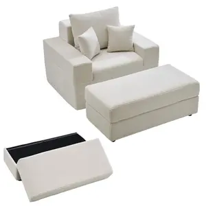 44-in Boneless Modular Chaise Lounge Chair with Ottoman & Storage, Oversized Corduroy Reading Chair with Throw Pillows & Armrests, Deep Seat Sleeper for Living Room & Bedroom, Beige
