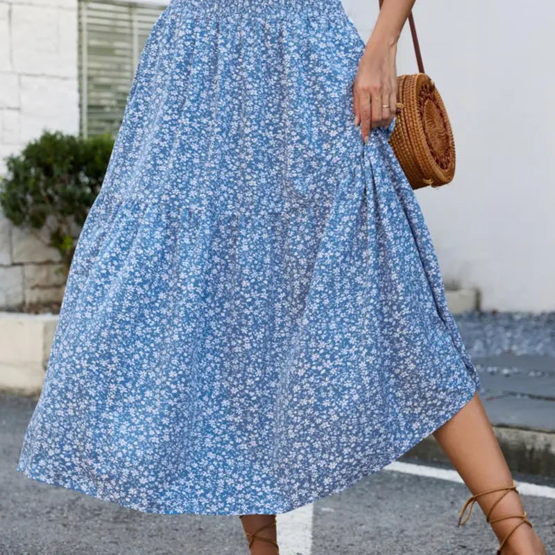 Women's Floral Elastic High Waist Pleated Maxi Skirt, Boho Long Skirt, Stylish and Comfortable, Perfect for Casual and Formal Occasions