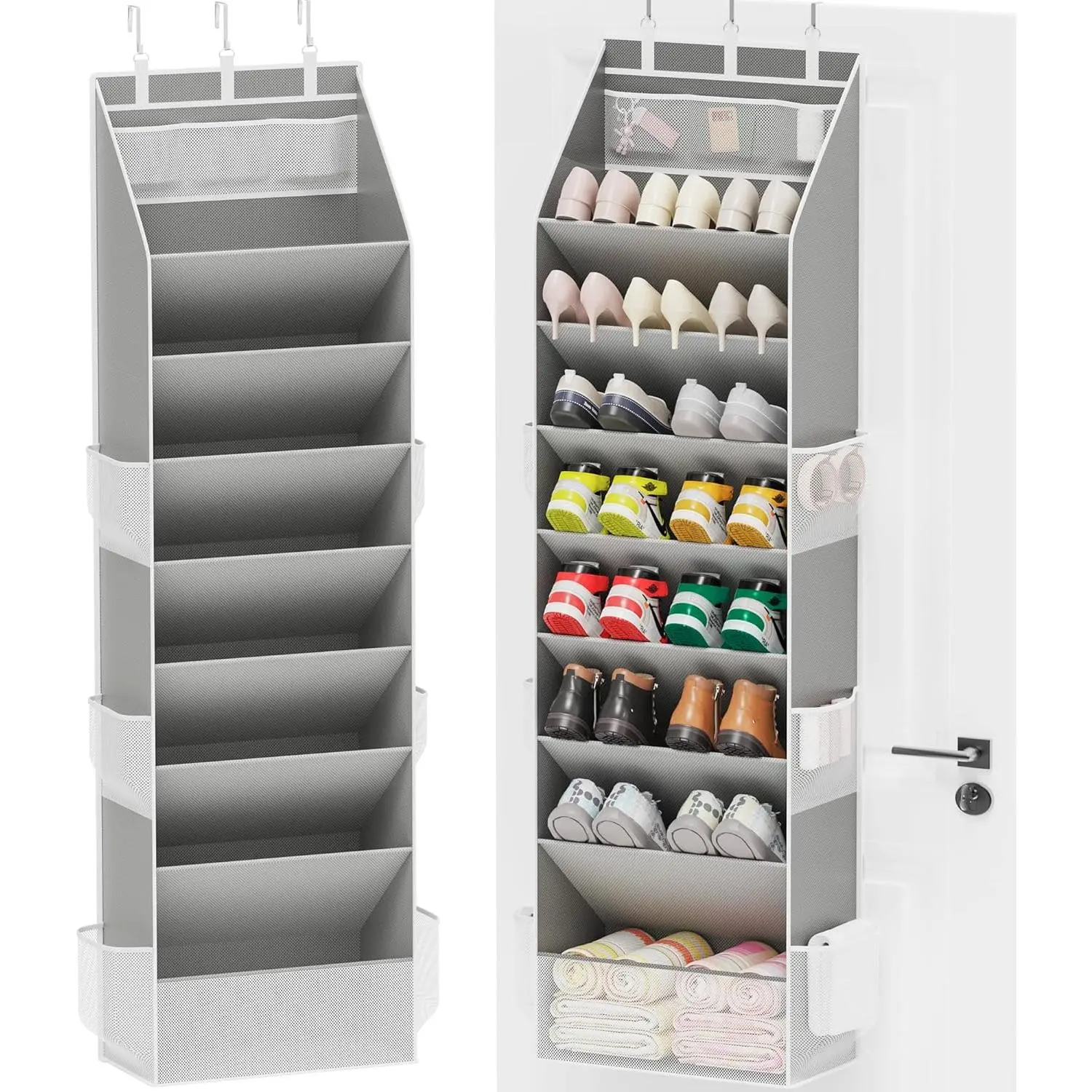 Shoe cabinet storage rack, behind-the-door shoe cabinet, hanging wardrobe shoe rack, equipped with large-capacity deep pockets, can hold 16 to 24 pairs of sneakers, sandals, boots, gray