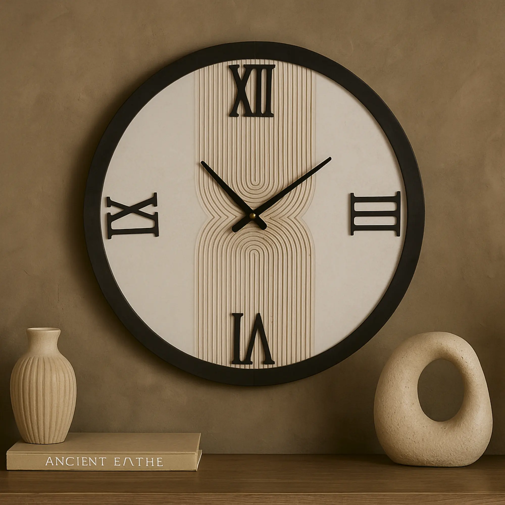 Modern Silent Decorative Analog Round Minimalist Geometric White Wood Wall Clock with Black Accents, Metal Art Deco-Inspired Line Art for Kitchen/Room Home Decor, Room Decor