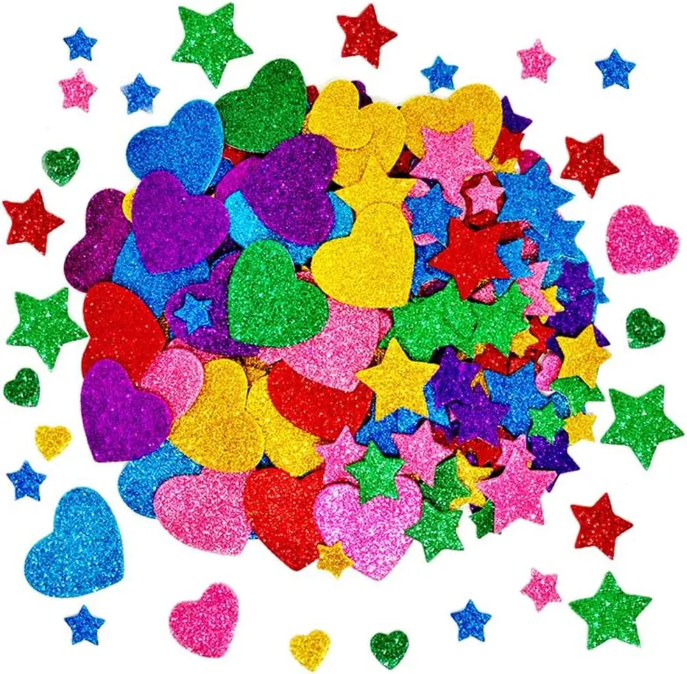 260 Pieces Colorful Glitter Foam Stickers Self Adhesive Stars Mini Heart Shapes Glitter Stickers, Kid's Arts Craft Supplies Greeting Cards Home