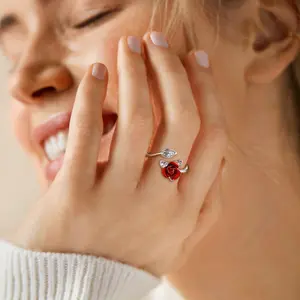 FaithHeart Rose Flower Ring Red Signet Ring Adjustable