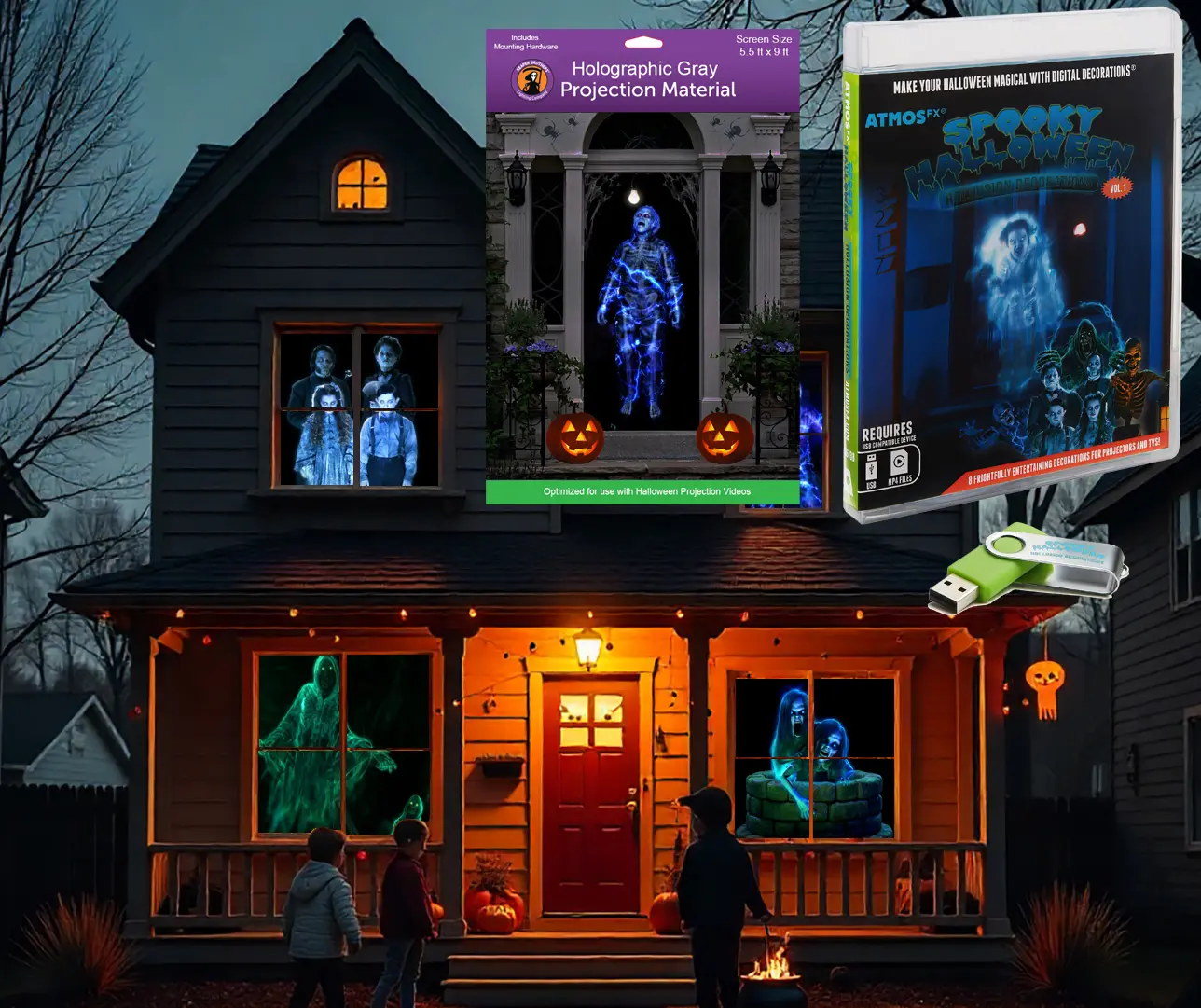 AtmosFX Spooky Halloween Hollusion Digital Decoration Kit Includes 8 AtmosFX Video Effects for Halloween Plus 5.5' x 9' Holographic Projection Screen