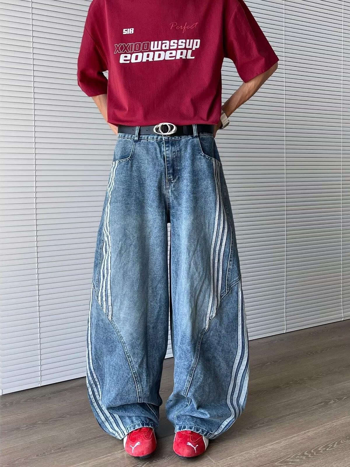 Men'S Side Stripe Curved Scimitar Jeans, Summer American Retro Loose Casual Washed Deconstructed Distressed Wide Leg Pants