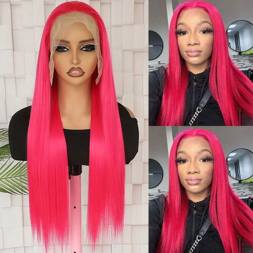 13X6 Free Part Hot Pink Color Lace Front Wig 28 Inch Long Straight Lace Front Synthetic Wig Pre-Plucked Hairline Heat Resistant Fiber Hair Silky Straight Wig For Women Cosplay Party Daily Use