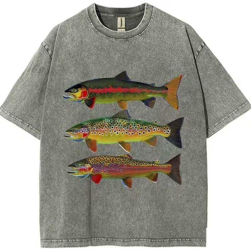 Men's Vintage 3 Trout Fish Graphic Acid Wash 100% Cotton Relaxed Fit Oversized Short Sleeve T-Shirt - Natural Cargo Fabrics Tops, Outdoor Fishing Wildlife Casual Tee, Angler Gift