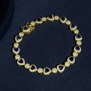 Elegant Gold - Toned Heart - Shaped Tennis Bracelet for Women - Sapphire Style Cubic Zirconia Inlaid, Sparkling Statement Jewelry Perfect for Daily Wear, Party, Wedding & Anniversary Gift Choice  Thanksgiving gift black friday Christmas Xmas gift