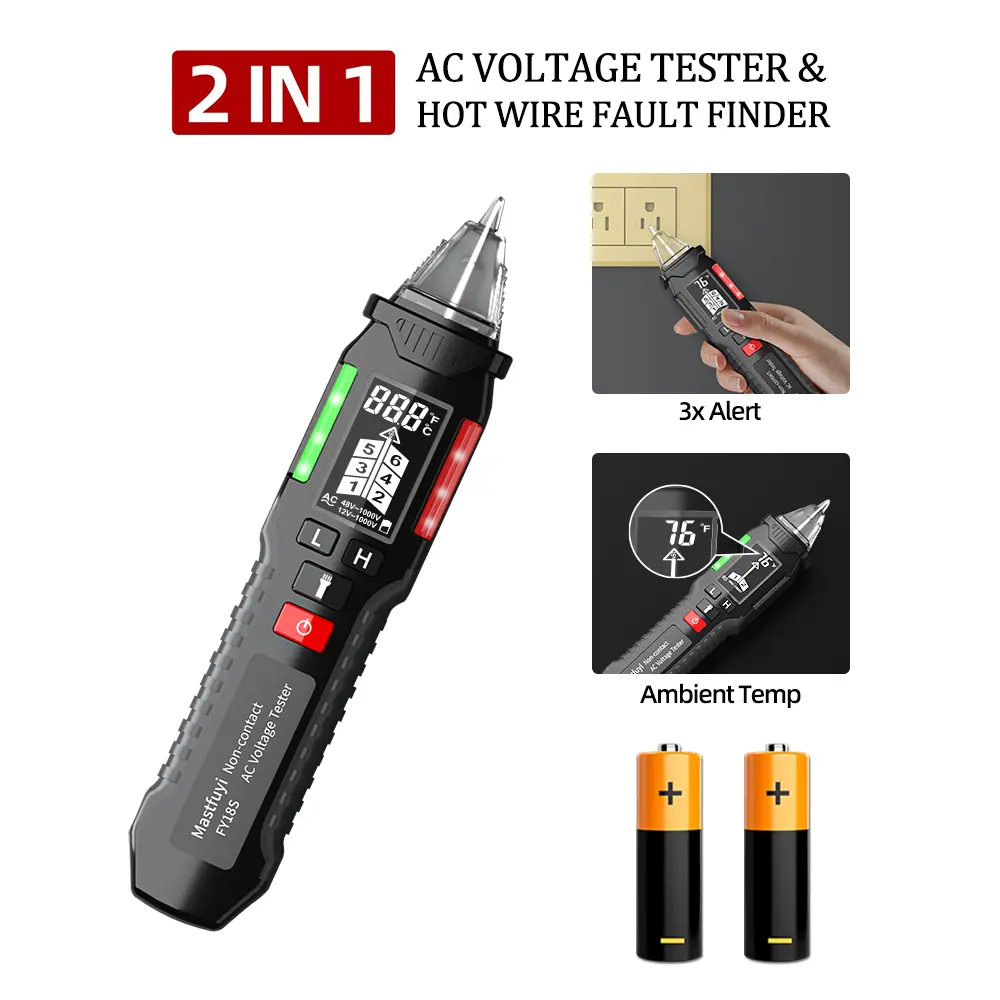 Mastfuyi FY18S CAT III Non-Contact Voltage Tester, 12V-1000V Dual Ranges, Adjustable Sensitivity, Ambient Temp Detection, Flashlight, Portable Clip-On Design, Triple Alarm System, Live Wire Check Tool for Electricians