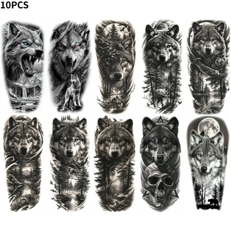 10pcs Wolf Head Scene Tattoo Temporary Tattoo Stickers for Men and Women, Waterproof Temporary Tattoos and Durable Artificial Tattoo Stickers, Fake Tattoos