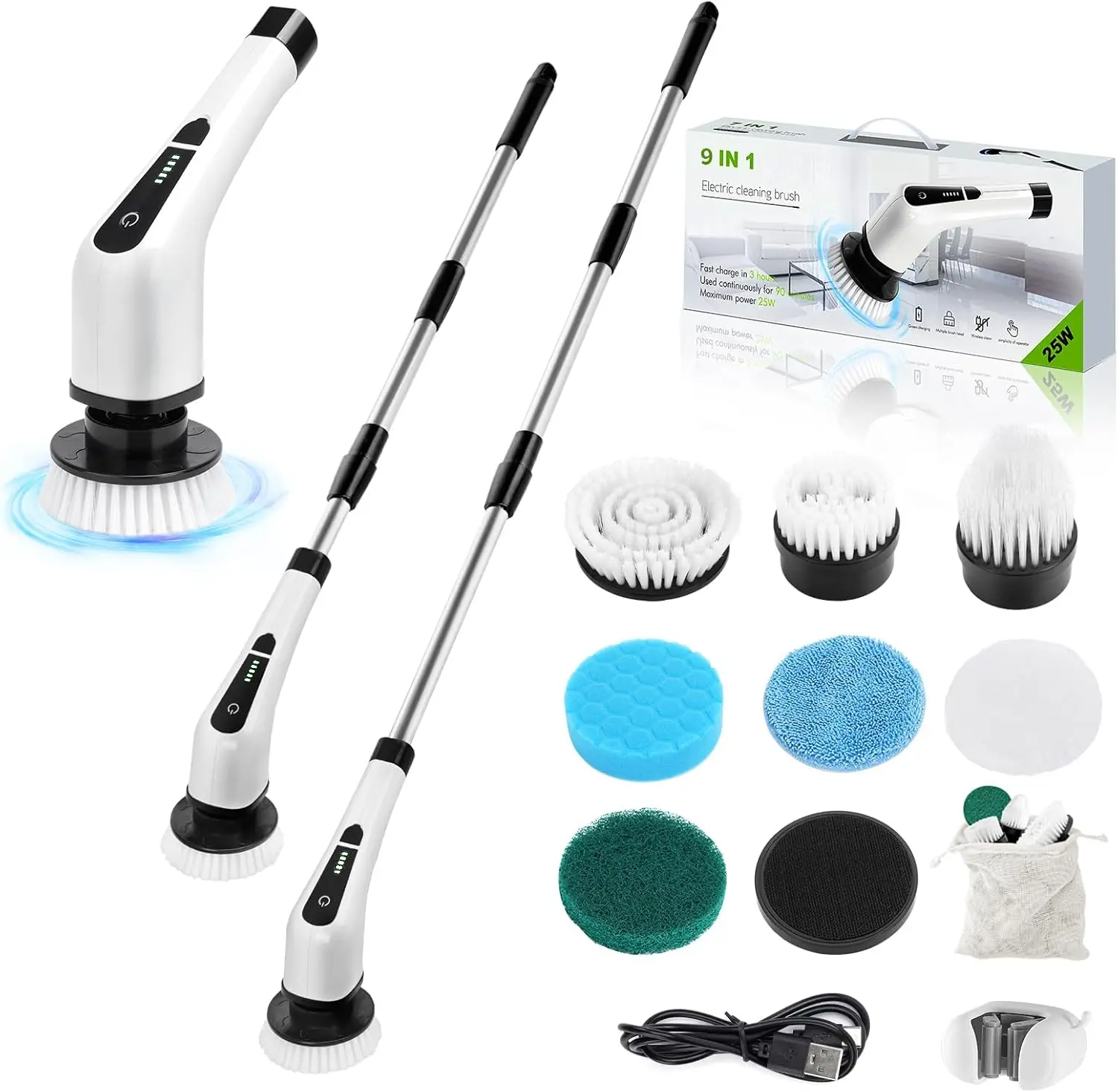 Electric Spin Scrubber Cordless, Electric Cleaning Brush,Power Scrubber for Bathroom Cleaning, Shower Scrubber with Extendable Handle, 9 Brush Heads, 5 Speed IPX7 Waterproof Electric Cleaning Brush for Tile, Tub & Grout Cleaner summerwins