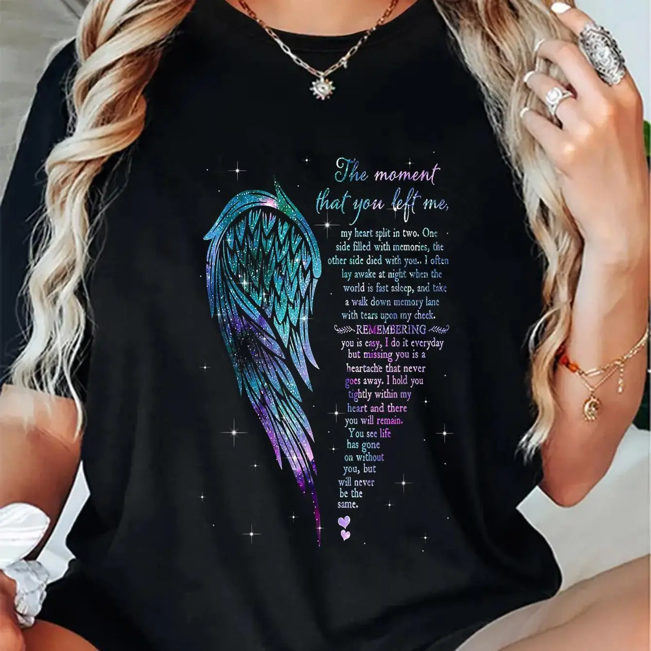 Women's Angel Wings Graphic T-Shirt with Memorial Quote, Soft 100% Cotton Everyday Short Sleeve Round Neck Top for Ladies, Shortsleeve, Tshirt, Casual, Lady, Vintage