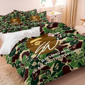 BAPE Sean Wotherspoon Camouflage Duvet Cover Set and 1-2 Pillowcases no Filling, Classic Camouflage and Floral Design, Ape Head Pattern,  Soft Fashion Brand Retro Art Style Bedroom Decor, Goft for Fans, Bedroom Bedding Set, Bed Sets Supplies