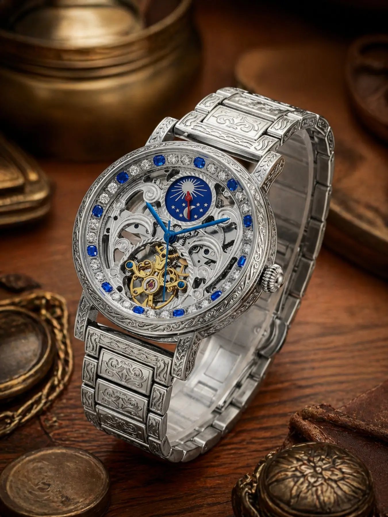 Vintage Floral Hollow Moon Phase Men's Mechanical Watch, Silver Color Hand Carved Case, Blue Diamond Bezel, Waterproof Steel Band, Analog Mechanical Watches