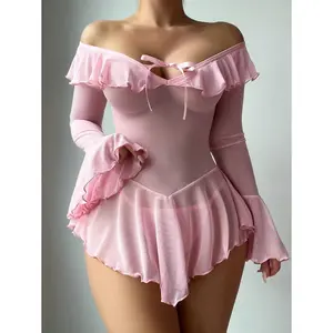 Women's 2-Piece Elegance Off-Shoulder Mesh Long-Sleeve Nightdress Set - Bralette, Short Panty, Pink Polyester Bra Sleepwear for Lady's Bedroom Loungewear