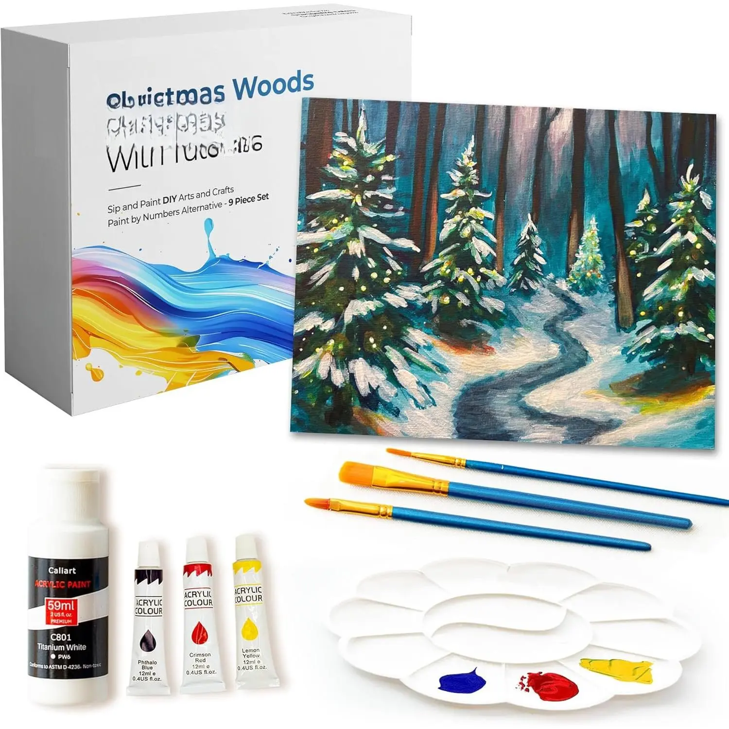 DIY Art Painting Kit for Adults with Video Tutorials - Learn to  Christmas Woods, 9 count   Set for Adults,  Holidays & Birthday  for Art Lovers, Beginner